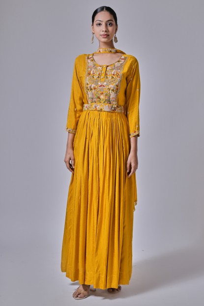 Yellow Dola Silk Slub Hand Embroidered Anarkali Suit 